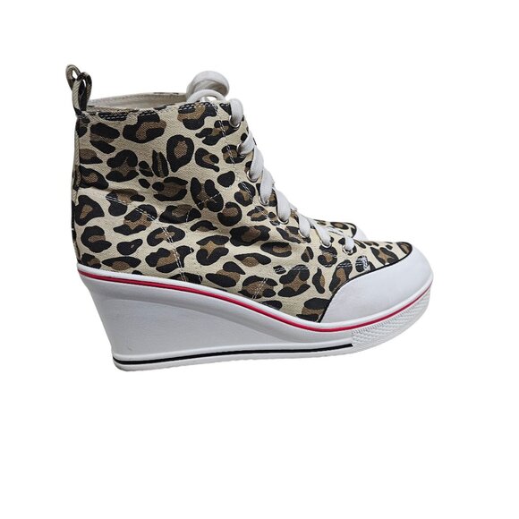 Leopard Print Wedge Sneakers With Side Zipper & White Laces US 10.5 EU 43 - Picture 3 of 5